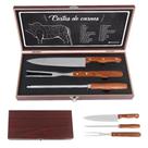 Kit Churrasco 4 Peças Aço Inox e Caixa de Madeira Garfo Faca e Amolador Grillrelax