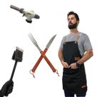 Kit Churrasco Faca Garfo Avental Maçarico e Escova p limpeza