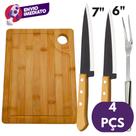 Kit Churrasco Tábua de Corte Madeira Bambu E Garfo Trinchante Inox E Faca Peixeira Cabo Madeira