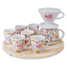 Kit Coador Filtro de Porcelana Bule De 500 ml + Canecas de 120ml Mãe+ Tábua Pinus redondo Mãe é Raiz Quantidade:6 Kit Coador Filtro de Porcelana Bule De 500 ml + Canecas de 120ml Mãe+ Tábua Pinus redondo Mãe é Raiz Quantidade:6