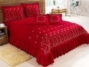 Kit Cobre Leito Casal King Desejos 07 Peças Bordado Colcha - Vermelho