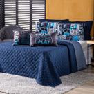 Kit Cobre Leito Colcha KING Best Player Azul Marinho com Almofadas Estampadas 07 Peças - Dupla Face Percal 300 Fios