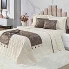 Kit Cobre Leito Colcha Midna King 8 Peças Dupla Face Xale Floral Jacquard Pedraria - Marrom Palha - 100% Poliéster