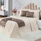 Kit Cobre Leito Colcha Midna King 8 Peças Dupla Face Xale Floral Jacquard Pedraria - Marrom Palha