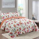 Kit Cobre Leito Colcha Mix Queen Estampado Dupla Face Floral 3 Peças - Lilian - Laranja