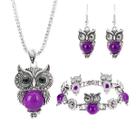 kit Colar brinco pulseira Coruja Pedra Strass Diamante Lilas -