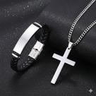 KIT Colar Cruz Aço Inox Prata mais Pulseira Couro Masculina Elegante