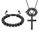 KIT Colar Cruz Preto Aço Inox + Pulseira Pedra Vulcânica Lava Minimalista, Proteção e Ajustável