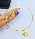 Kit Colar e Brincos Feminino Choker Elo Aro Rígido Liso com Pingente Estrela do Mar Verão Folheado Ouro Dourado Luxo