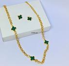 Kit Colar e Brincos Flor trevo Verde esmeralda Corrente Elo Português Folheado Ouro Brinco Antialérgico Tendência moda