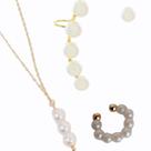 Kit Colar Pingente com Três Pérolas + Piercing fake pérola + brincos earcuff pérola