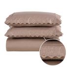 Kit Colcha Cobre Leito King 3 peças Percal 300 Fios com Bordado Ingles caqui cinza rosa