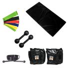 Kit Colchonete Preto + Par de Caneleira 3kgs + Par de Halter Bola Pintado 3kg + 5 Mini Band Elástico + Corda de Pular