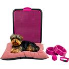 Kit Colchonete Suede Pet Pequeno Sanitário Comedouro Coleira Bolinha -