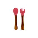 Kit Colher e Garfo de Silicone Com Cabo de Bambu para Bebê