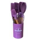 Kit Colheres Silicones 12 Peças Copo Colher Espátula Concha Suporte Cozinha Cabo Madeira