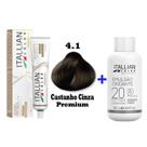 Kit Coloração Itallian Premium 60g Castanho Cinza 4.1 + Emulsão Oxi 20vol.x 90ml. Kit Coloração Itallian Premium 60g Castanho Cinza 4.1 + Emulsão Oxi 20vol.x 90ml.