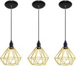 Kit com 03 Luminarias Pendente Aramado Modelo Diamante Dourado Com Fio Preto