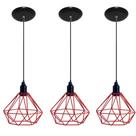 Kit com 03 Luminarias Pendente Aramado Modelo Diamante Vermelho ideal para ser utilizado com lâmpadas de filamento LED
