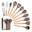 Kit Com 12 Utensílios De Cozinha Silicone Cabo Madeira