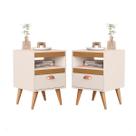Kit com 2 Mesas de Cabeceira Retrô 1 Gaveta Design Moderno Pés Palito Acabamento Brilhante Cor Branco com Ypê Modelo Flex