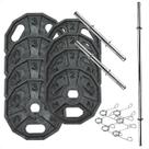 Kit com 20 Kg de Anilhas Dectagonal Ferro Fundido + Barras de Supino e Halteres