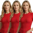 Kit com 3 Blusas Feminina Camiseta Canelada Slim Fit Ribana Básica Casual Confortável