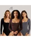 KIT COM 3 BODY FEMININO MANGA LONGA COM DECOTE QUADRADO TECIDO DUPLO Simples Casual elegante F