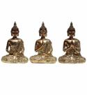 Kit com 3 Buda Hindu Tibetano Em Resina Dourado Brilho 12cm