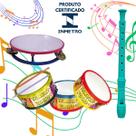 Kit Com 3 Instrumentos Musicais Para Crianças Pandeiro Flauta e Tamborzinho Brinquedo Infantil Tambor Colorido