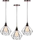 Kit Com 3 Luminárias Pendente Tipo Diamante Aço Modelo Teto Preto