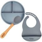 Kit com 3 pçs Bebê Prato Colher e Babador em Silicone Cinza