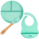 Kit com 3 pçs Bebê Prato Colher e Babador em Silicone Verde