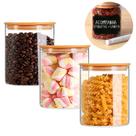 Kit com 3 Potes 800ml de Vidro Herméticos Organizadores de Cozinha Tampa Bambu Etiqueta e Caneta