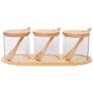 Kit com 3 potes vidro borossilicato com tampa, colher e bandeja bambu