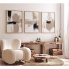 Kit com 3 quadros abstratos em tela bege 30 x 41 cm Joocrise