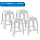 Kit Com 4 Banquetas Banquinhos Plásticos Brancos Resistentes Reforçados Leve Empilhavel Para Bar Restaurante Lanchonete Casa