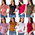 Kit com 4 Blusas Blusinhas Feminina Malha Canelada Babado Manga Curta Roupa Feminina Kit com 4 Blusas Blusinhas Feminina Malha Canelada Babado Manga Curta Roupa Feminina