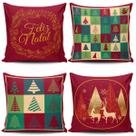 Kit com 4 Capas de Almofadas Estampadas Natalinas Feliz Natal Fim de Ano 45cm x 45cm - Jogo Conjunto Decoração Festas Ceia Véspera Sala Quarto
