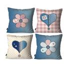 Kit com 4 Capas para Almofadas Decorativas com estampa JEANS CORAÇÃO E FLOR