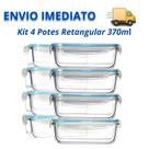 Kit Com 4 Potes De Vidro Hermético Retangular 370ml Premium