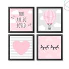 Kit com 4 Quadros Decorativos Infantil Balão Nuvens menina