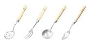 Kit Com 4 Utensílios - Colher Concha Garfo E Escumadeira Cabo Madeira 28x5cm Kit Com 4 Utensílios - Colher Concha Garfo E Escumadeira Cabo Madeira 28x5cm