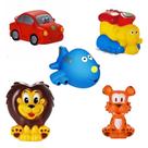 Kit Com 5 Brinquedos De Vinil Para Bebê Maralex - Carro, Avião, Trem, Leão e tigre