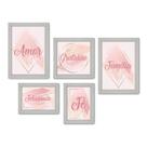 Kit Com 5 Quadros Decorativos - Amor - Gratidão - Família - Felicidade - Fé - Abstrato - Rosa - 402kq01b