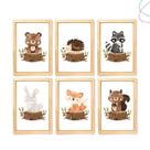 Kit com 6 Quadros Decorativos Animais do Bosque Aquarela