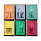 Kit com 6 Quadros Decorativos Travel, Smile, Explore, Create