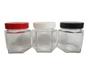 Kit Com 8 Potes de Vidro Sextavado 150ml Tampa Colorida Armazenar Condimento