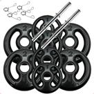 Kit com Barras de Halteres e Anilhas Emborrachadas Preta - 12 Kg