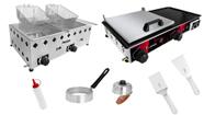 Kit com fritadeira 2 cubas inox 10l + chapeira 30x60 com prensa + acessórios
